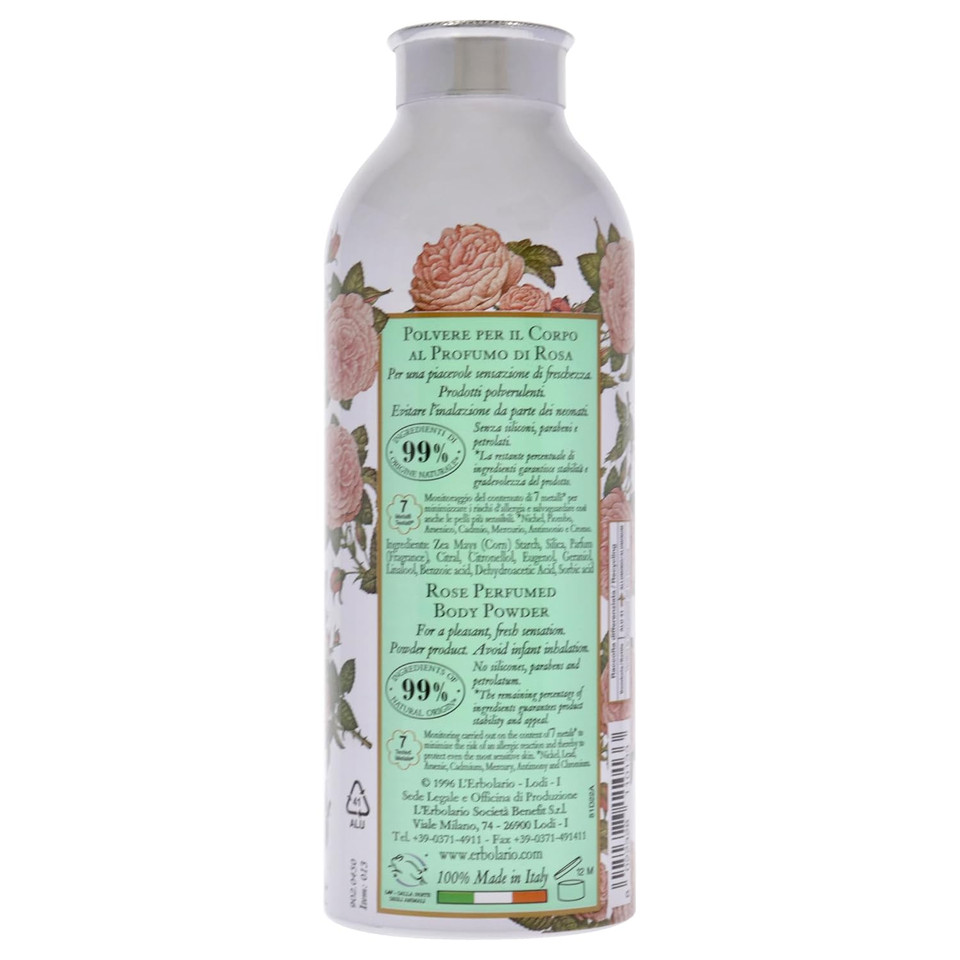 L'Erbolario Rose Perfumed Body Powder - Naturally Enticing Floral Scent With Rose, Jasmine, And White Musk - No Silicones, Parabens Or Petrolatum - Perfectly Refreshing For All Skin Types - 3.5 Oz