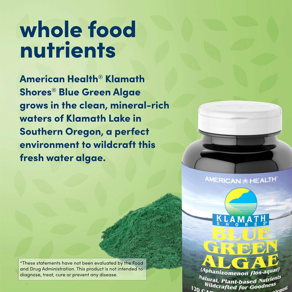 American Health Klamath Shores Blue Green Algae Capsules - Fresh Water Phytonutrient-Rich Algae Superfood Supplement - Pesticide-Free - 120 Total Servings