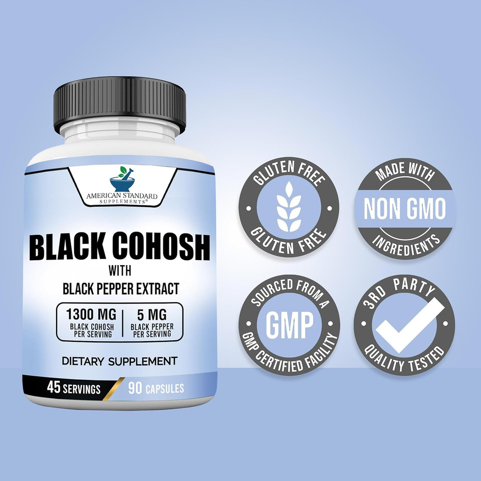 American Standard Supplements Black Cohosh 1300Mg Per Serving With Black Pepper Fruit Extract - Vegan, Gluten Free, Non-Gmo, 90 Capsules, 45 Servings