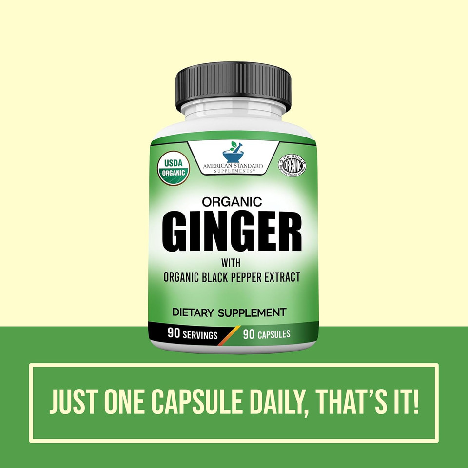 American Standard Supplements Organic Ginger Extract With Organic Black Pepper Extract, Vegan, Gluten Free, Non-Gmo, 90 Capsules, 90 Servings