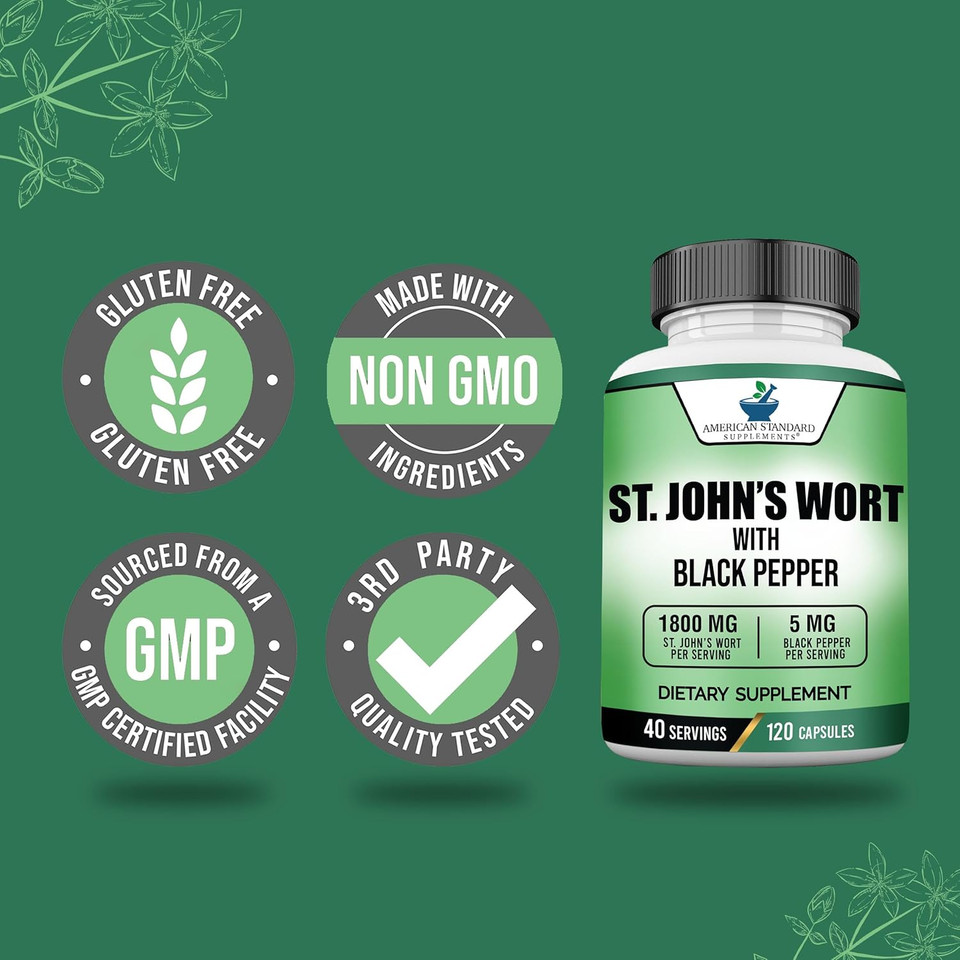 American Standard Supplements St. JohnS Wort 1800Mg Per Serving With Black Pepper Fruit Extract - Vegan, Gluten Free, Non-Gmo, 120 Capsules, 40 Servings
