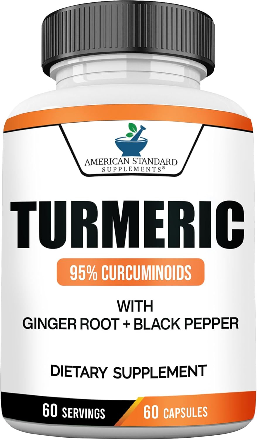 American Standard Supplements Turmeric Extract - Curcumin 95% With Ginger Root Extract & Black Pepper Extract 60 Vegan Capsules, 60 Servings
