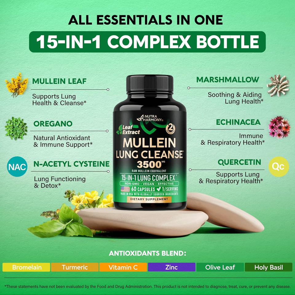 Mullein Leaf Extract For Lung Detox - Marshmallow Root | Echinacea | Oregano | Quercetin | Nac - 15-In-1 Lung Support & Cleanse For Smokers Supplement - Made In Usa - As Drops, Tincture - 120 Capsules