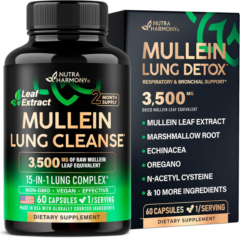 Mullein Leaf Extract For Lung Detox - Marshmallow Root | Echinacea | Oregano | Quercetin | Nac - 15-In-1 Lung Support & Cleanse For Smokers Supplement - Made In Usa - As Drops, Tincture - 60 Capsules
