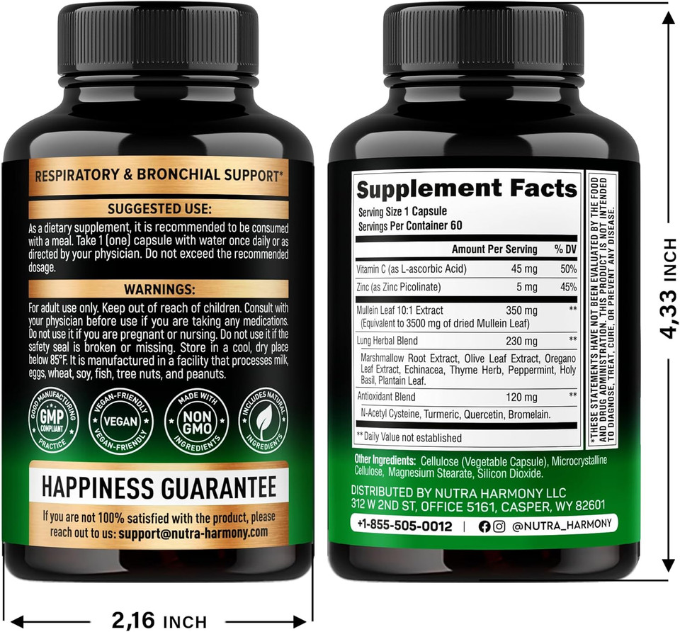 Mullein Leaf Extract For Lung Detox - Marshmallow Root | Echinacea | Oregano | Quercetin | Nac - 15-In-1 Lung Support & Cleanse For Smokers Supplement - Made In Usa - As Drops, Tincture - 60 Capsules