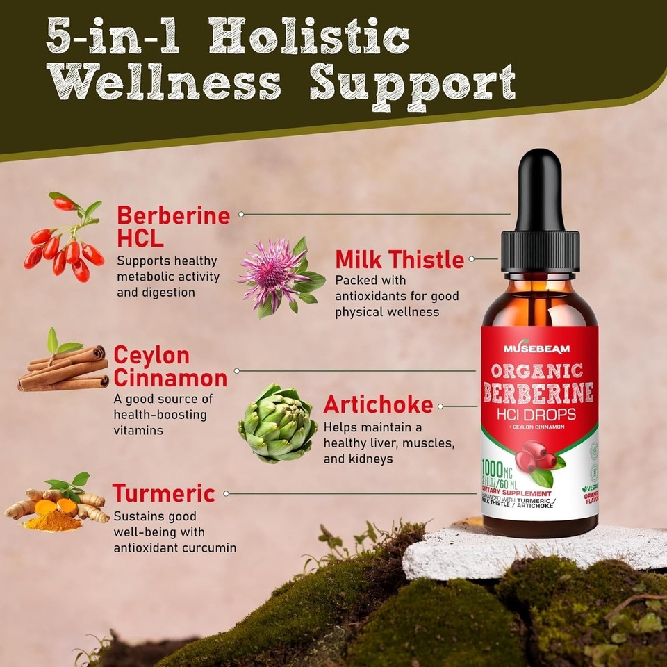 Organic Berberine Hcl 1000Mg Liquid Drops - With Ceylon Cinnamon Turmeric Milk Thistle Artichoke - High Bioavailability Supplement For Men Women - Vegan Sugar Free Gluten Free 2Fl. Oz (60Ml)