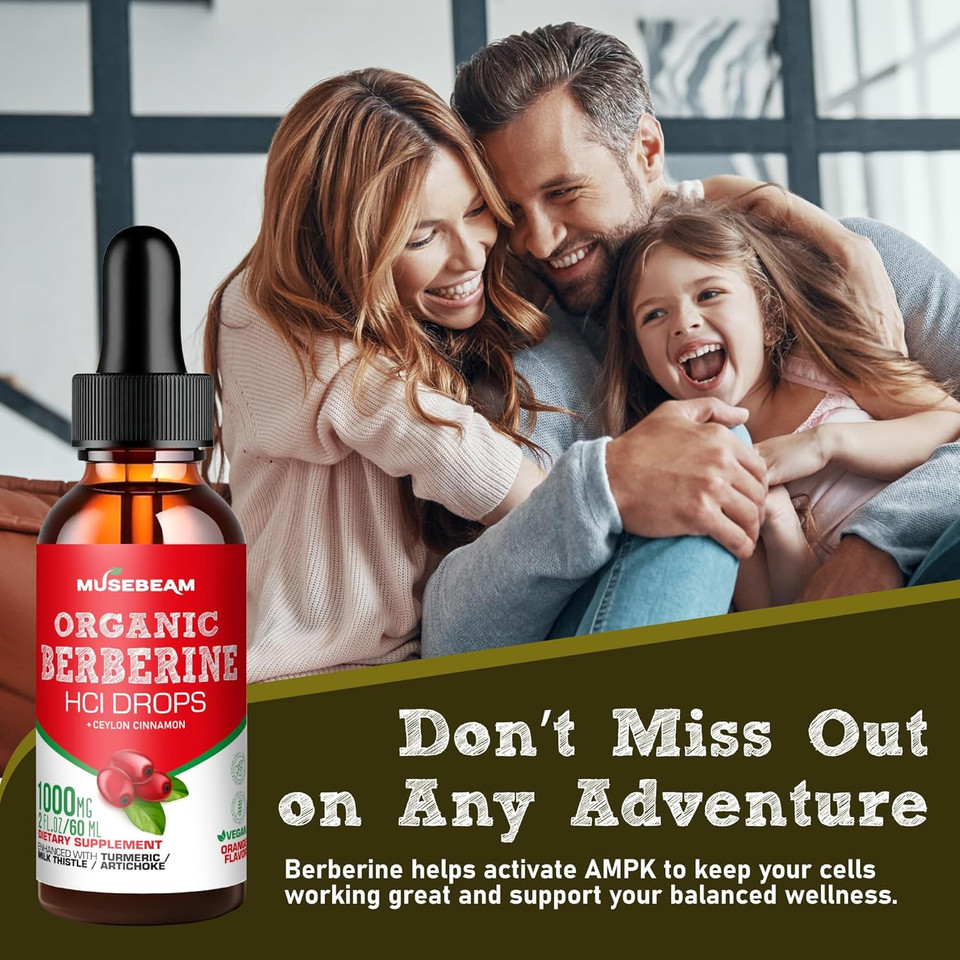 Organic Berberine Hcl 1000Mg Liquid Drops - With Ceylon Cinnamon Turmeric Milk Thistle Artichoke - High Bioavailability Supplement For Men Women - Vegan Sugar Free Gluten Free 2Fl. Oz (60Ml)