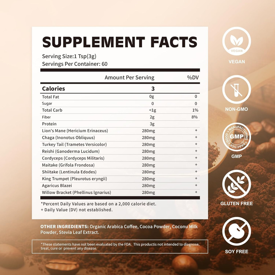 Mushroom Coffee - Lions Mane Mushroom Powder Instant Coffee With Lion'S Mane, Reishi, Chaga, Cordyceps, And Turkey Tail - Alternative For Energy, Mental Clarity & Focus, Brain Booster 6.35Oz(180G)