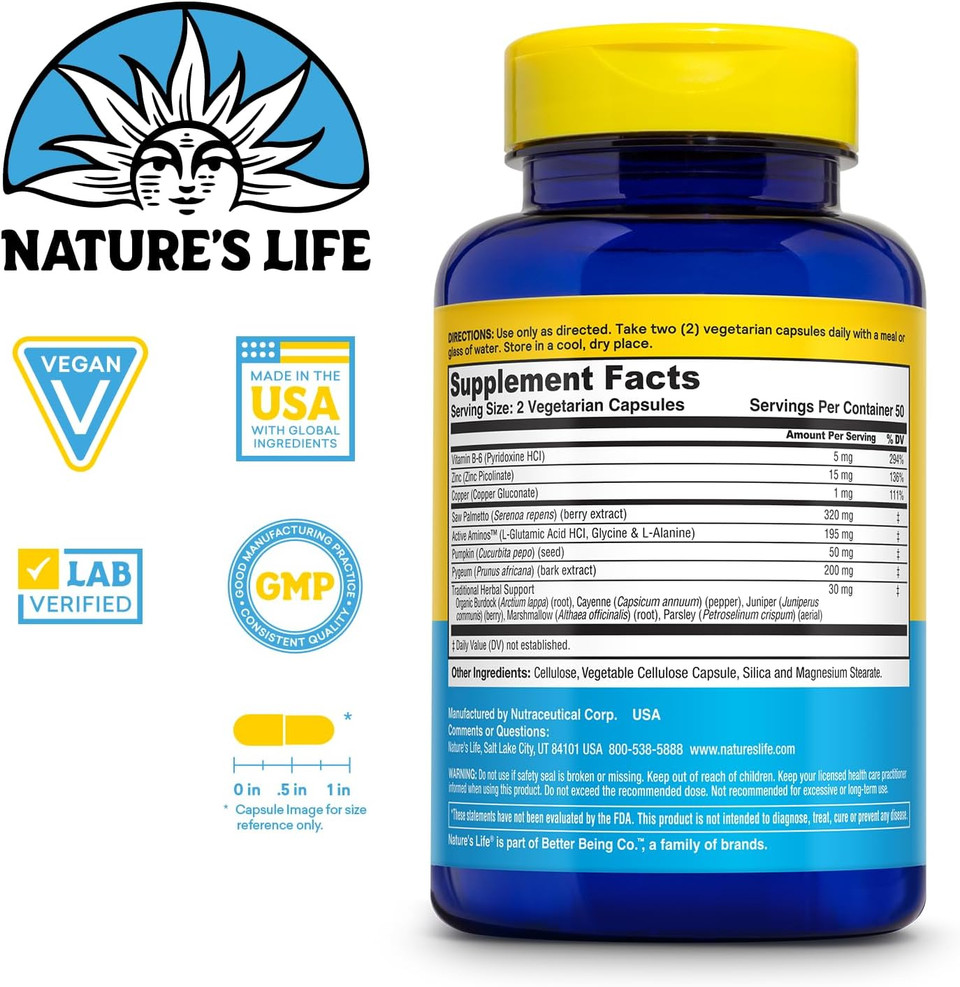Nature'S Life Prostate Maintain - Prostate Support Supplement For Men'S Health - Saw Palmetto, Pygeum Herbal Complex And Zinc Supplements - 125 Servings, 250 Vegetarian Capsules