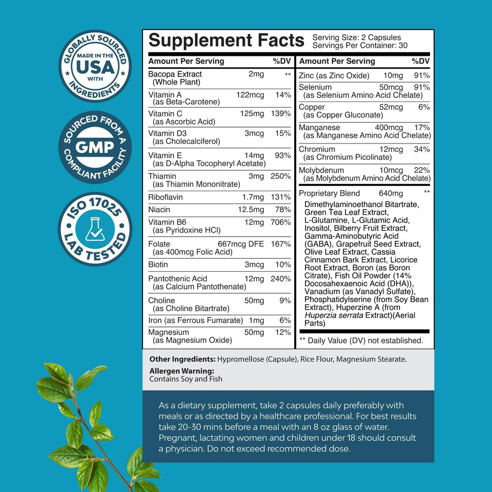 Nootropic Brain Supplement For Memory And Focus Support - Vitamins For Mental Health & Clarity With Bacopa Monnieri, Vit A, B6, Riboflavin, Niacin, Thiamin & Folate - Cognitive Complex - 60 Ct