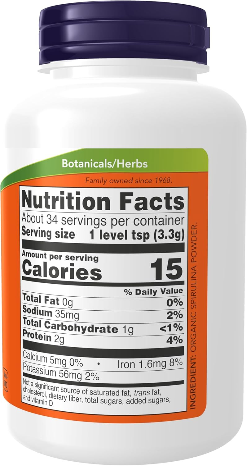Now Foods Supplements, Certified Organic, Spirulina Powder, Rich In Beta-Carotene (Vitamin A) And B-12 With Naturally Occurring Gla & Chlorophyll, 4-Ounce