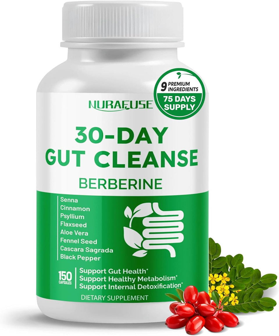30-Day Gut Cleanse With Berberine And Senna, Cinnamon, Psyllium, Flaxseed, Aloe Vera Supports Gut Health, Healthy Metabolism  150 Capsules  Made In The Usa