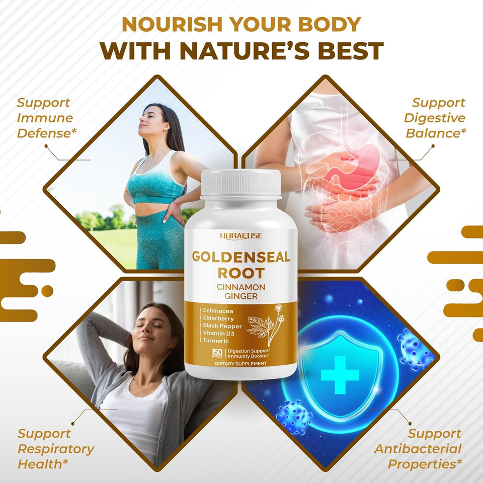 Goldenseal Root 8-In-1 Formula - With Cinnamon Ginger Echinacea Elderberry Black Pepper Vitamin D3 - Non-Gmo, Gluten-Free, Soy-Free
