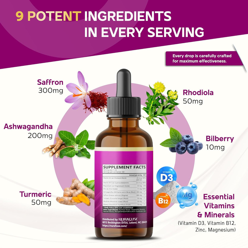 Liposomal Saffron, Ashwagandha, Bilberry, Turmeric, Rhodiola Liquid Drops  1000Mg Per Serving, Ultra Potent, Natural Taste, Usa Made & Lab Tested  2 Fl Oz (60Ml) Liposomal Saffron, Ashwagandha, Bilberry, Turmeric, Rhodiola Liquid Drops  1000Mg Per Serving, Ultra Potent, Natural Taste, Usa Made & Lab Tested  2 Fl Oz (60Ml)