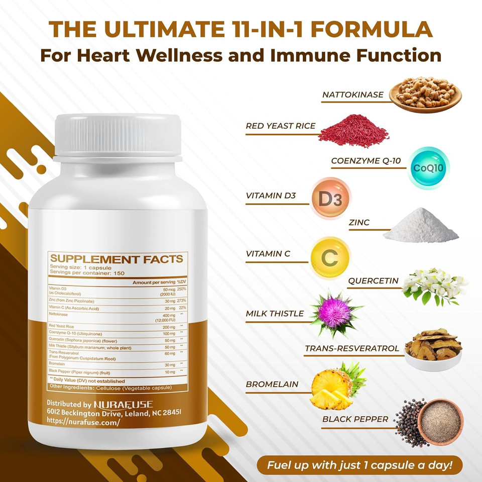 Nattokinase 11-In-1 Formula - With Red Yeast Rice Coenzyme Q-10 Quercetin, Milk Thistle, Resveratrol - Non-Gmo, Gluten-Free, Soy-Free