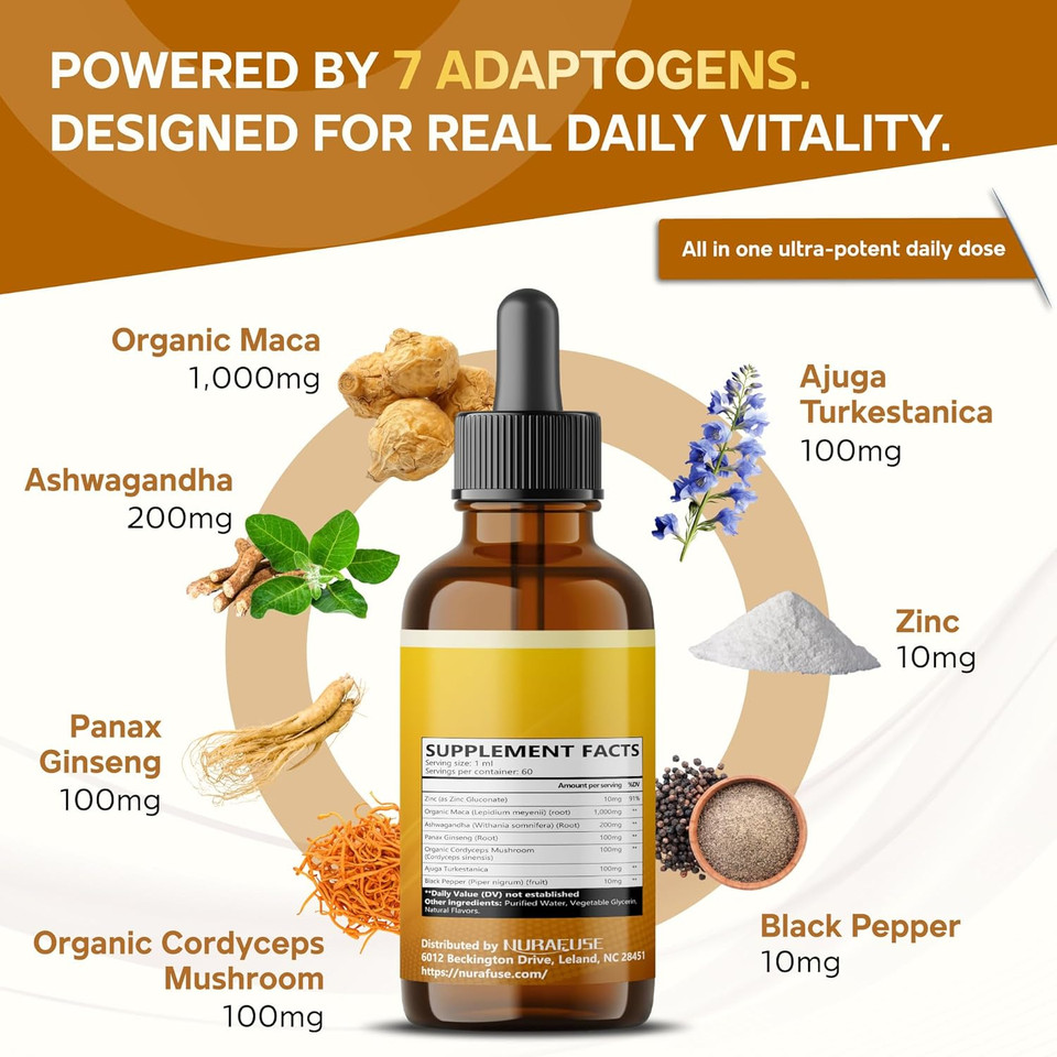 Organic Maca Root, Ashwagandha, Panax Ginseng, Cordyceps, Turkestanica Liquid Drops  1520Mg Per Serving, Ultra Potent, Usa Made & Lab Tested  2 Fl Oz (60Ml)