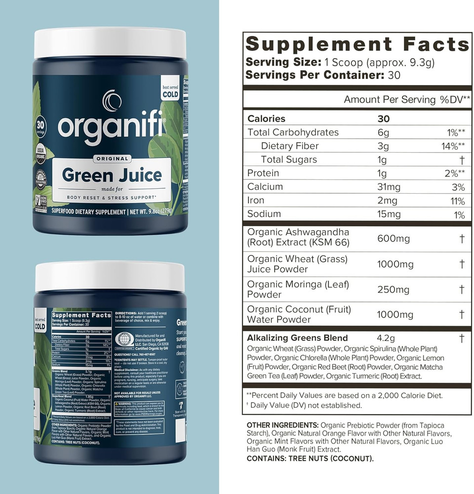 Organifi Green Juice - Organic Superfood Powder - 90-Day Supply - Organic Vegan Greens - Helps Decrease Cortisol - Provides Better Response To Stress - Supports Weight Control - Total Body Wellness