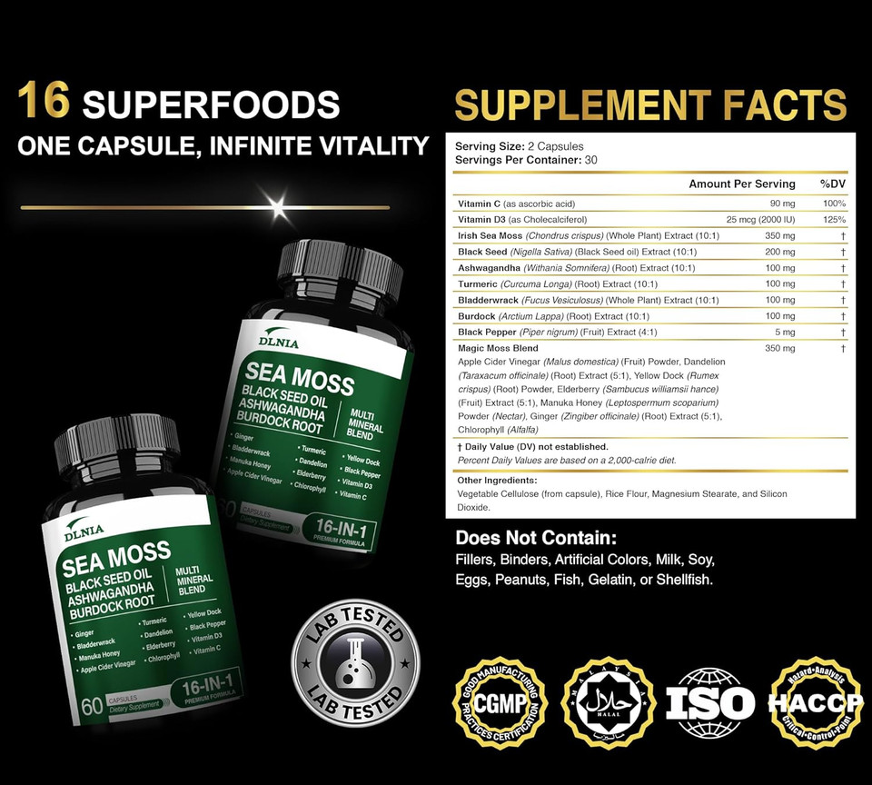 16-In-1 Organic Sea Moss Gel Alternative Capsules  Superfood Blend With Ashwagandha, Black Seed Oil, Turmeric, Bladderwrack, Burdock, Elderberry, Manuka, Dandelion, Yellow Dock, Vitamin C & D3