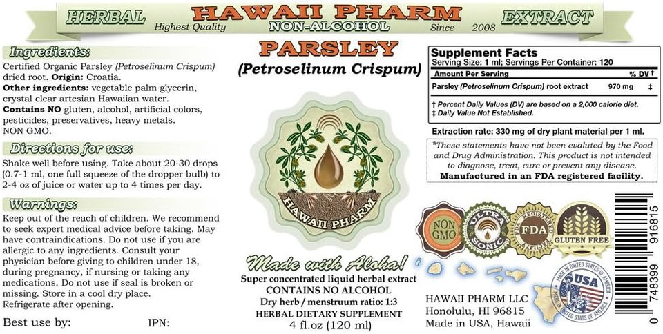 Parsley Alcohol-Free Liquid Extract, Parsley (Petroselinum Crispum) Root Glycerite Herbal Supplement 4 Oz