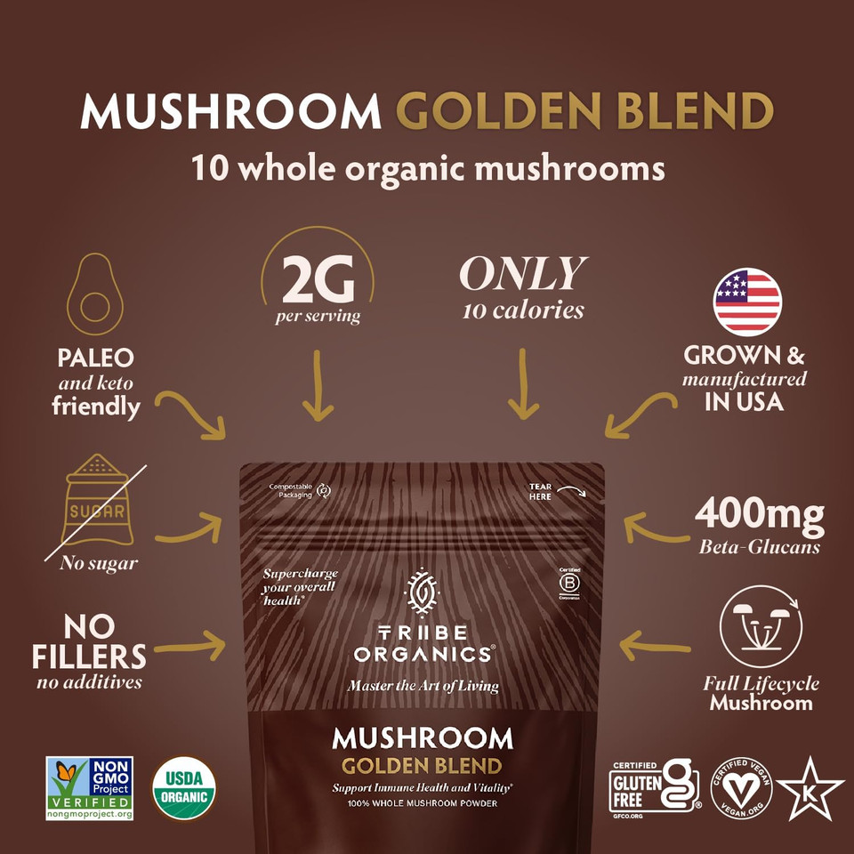 Tribe Organics Mushroom Golden Blend Powder - Organic Mushroom Powder Complex - 10-In-1 Mushrooms For Immunity Support & Health - 200G Pouch - 100 Servings