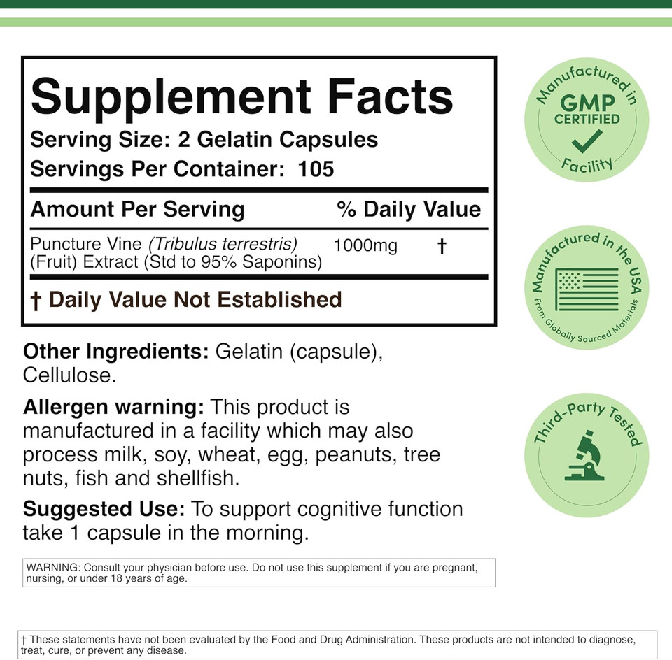 Tribulus Terrestris For Men (Purest 95% Saponin Content) 210 Capsules, 1,000Mg Concentrated Fruit Extract (Third Party Tested, Vegan Safe, Non-Gmo) For Stamina And Energy By Double Wood