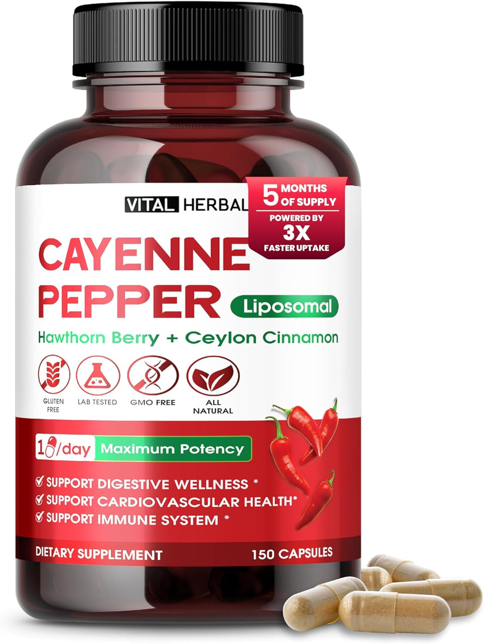 Vital Herbal Liposomal Cayenne Pepper With Hawthorn Berry & Ceylon Cinnamon  Supports Digestion & Immune Health  150 Capsules  Made In The Usa