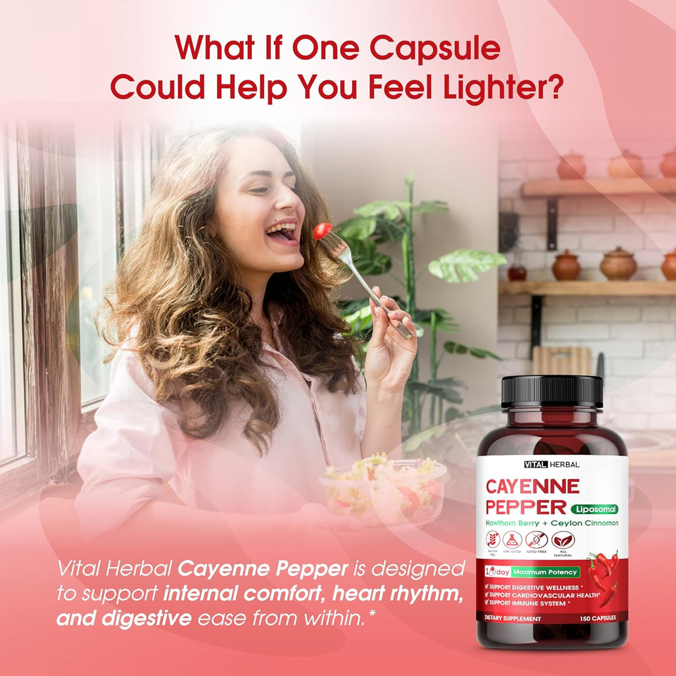 Vital Herbal Liposomal Cayenne Pepper With Hawthorn Berry & Ceylon Cinnamon  Supports Digestion & Immune Health  150 Capsules  Made In The Usa
