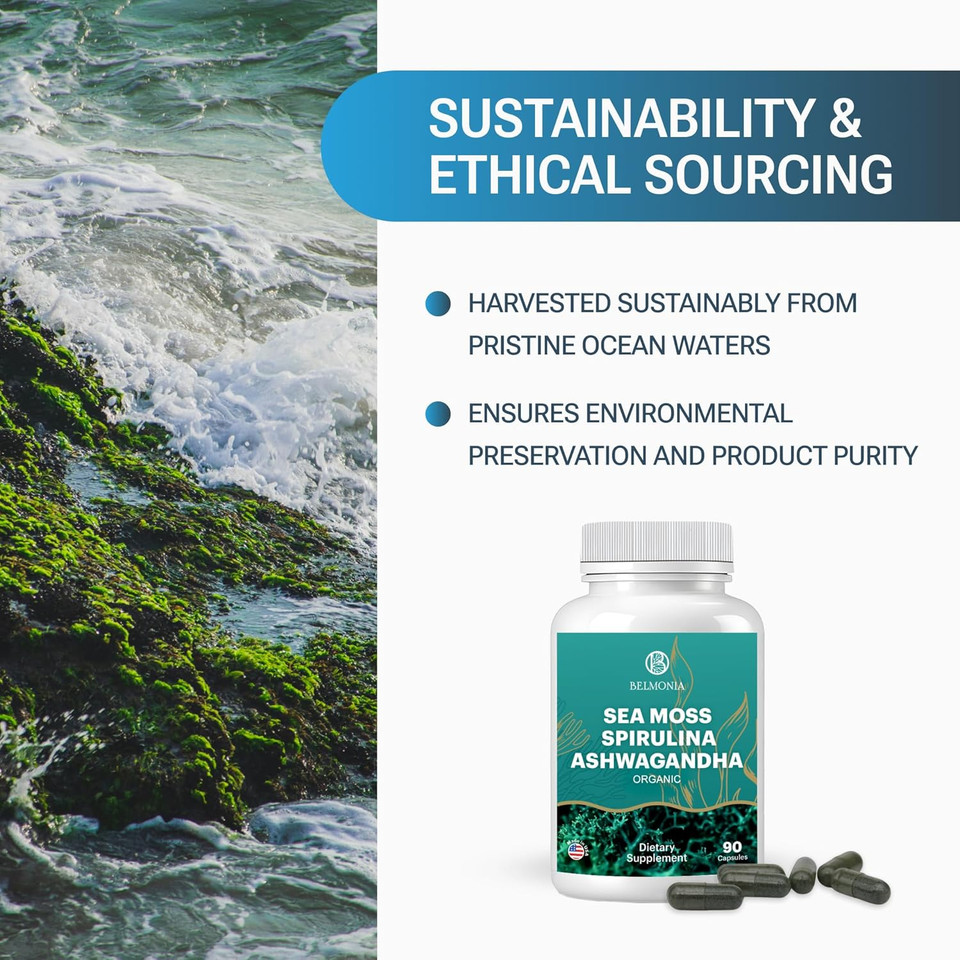 Sea Moss With Spirulina And Ashwagandha Blend Capsules, Mood, Immune Support & Stress Relief, Micro Ingredients & Antioxidants Source  Non-Gmo, Vegan Superfood Supplement, 90 Count
