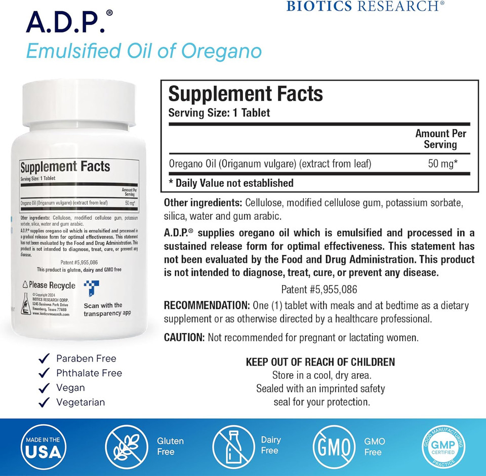 Biotics Research A.D.P. Emulsified Oil Of Oregano Tablets For Gi Health -Sustained Release For High Absorption Contains Carvacrol, Wild Oregano Oil 50Mg/S - Patented Formula -Non Gmo 120 Tablets