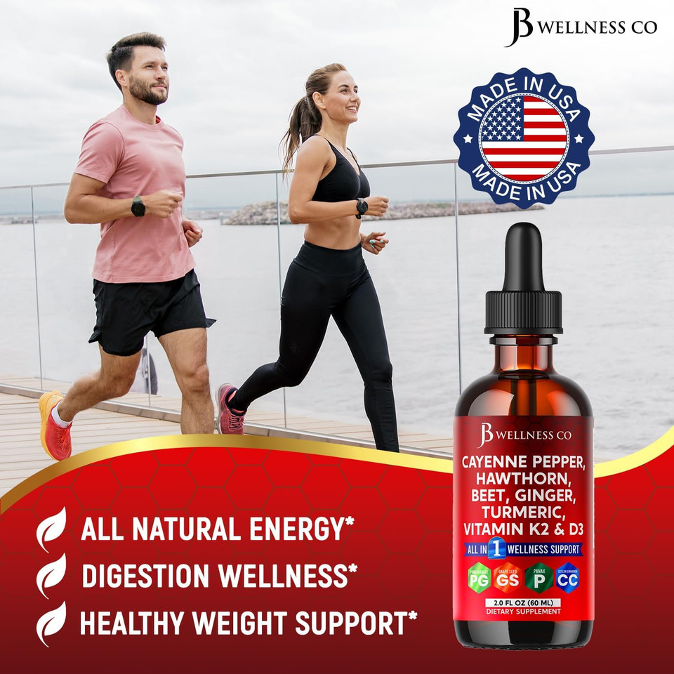 Cayenne Pepper Supplement Liquid Drops + Hawthorn Berry, Vitamin D3 K2 Beet Root Powder, Ceylon Cinnamon, Turmeric Curcumin, Organic Panax Ginseng - 6Oz