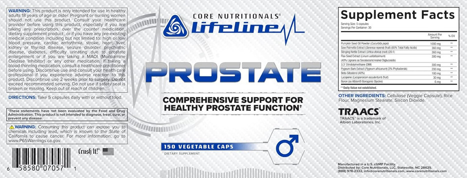 Core Nutritionals Lifeline Prostate Comprehensive Support For Healthy Prostate Function, 150 Capsules
