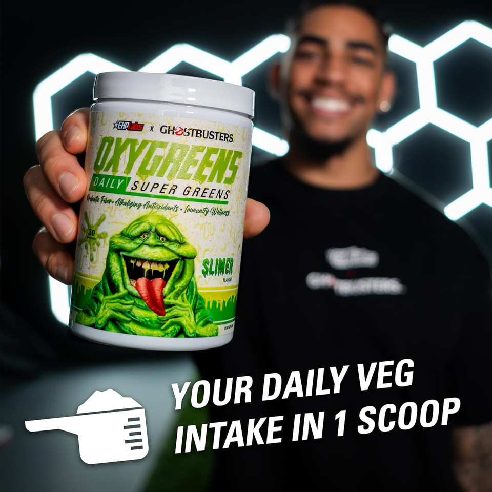Ehp Labs X Ghostbusters Oxygreens Super Greens Powder - Spirulina & Chlorella Superfood, Green Juice Powder With Prebiotic Fibre, Antioxidants & Immunity Support, 30 Serves (Slimer Lime)
