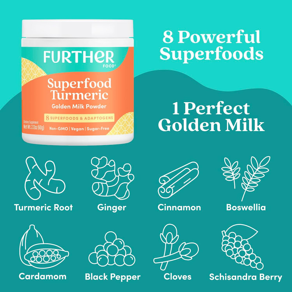 Further Food Best Turmeric Golden Milk Organic Turmeric Powder, Cinnamon, Ginger & Black Pepper Maximum Absorption Joint Health, Gut Health, Sugar-Free, Vegan, Keto (6.35 Oz) Further Food Best Turmeric Golden Milk Organic Turmeric Powder, Cinnamon, Ginger & Black Pepper Maximum Absorption Joint Health, Gut Health, Sugar-Free, Vegan, Keto (6.35 Oz)