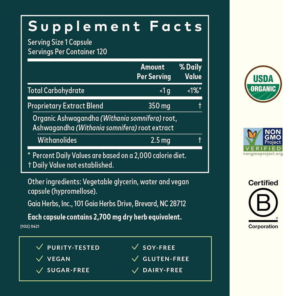Gaia Herbs Ashwagandha Root - Made With Organic Ashwagandha Root To Help Support A Healthy Response To Stress, The Immune System, And Restful Sleep - 60 Vegan Liquid Phyto-Capsules (30-Day Supply)