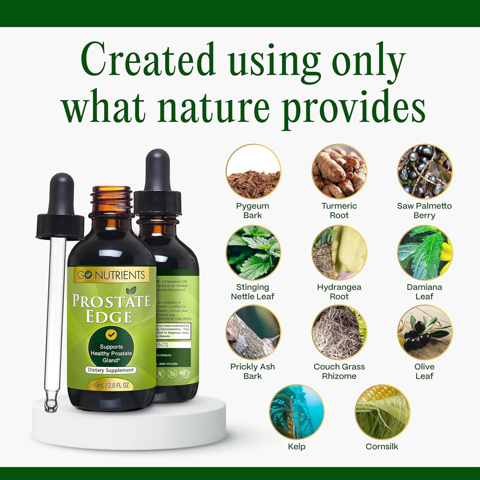 Go Nutrients Prostate Edge - Saw Palmetto & Pygeum Extract Supplement For MenS Prostate Health & Relief - Organic Liquid Drops To Support Urinary Flow, Bladder Comfort & Vitality  2Oz