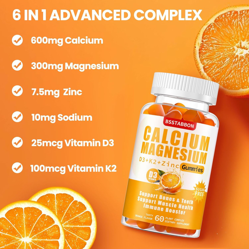 Calcium Magnesium Zinc Gummies For Adult: With Vitamin D3 K2 For Women Men Organic Sugar Free Vegan Chewable Gummy - High Absorption For Immune Strength(60 Count)