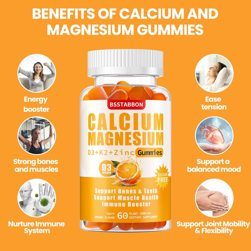 Calcium Magnesium Zinc Gummies For Adult: With Vitamin D3 K2 For Women Men Organic Sugar Free Vegan Chewable Gummy - High Absorption For Immune Strength(60 Count)