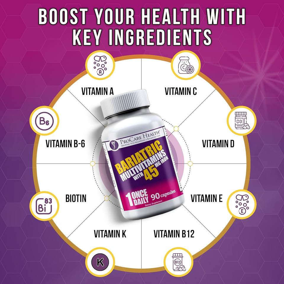 Procare Health Bariatric Multivitamin With Iron 45Mg (30 Easy To Swallow Capsules) - Post Op Bariatric Vitamins For Gastric Bypass Pills For Sleeve Patients, Sustain Recovery & Energy (1 Month Supply)