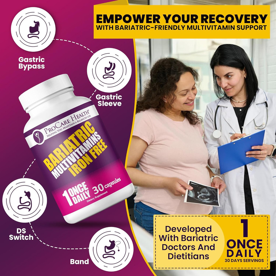 Procare Health Bariatric Multivitamin With Iron Free (30 Fast Dissolving Veggie Capsule) - Bariatric Vitamins For Gastric Sleeve & Gastric Bypass, Bariatric Multivitamin Without Iron (1 Month Supply)