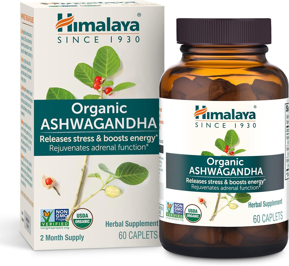 Himalaya Organic Ashwagandha, 90 Day Supply, Herbal Supplement For Stress Relief, Energy, Occasional Sleeplessness, Excipient Free, Organic, Non-Gmo, Vegan, Gluten Free, 670 Mg, 90 Caplets