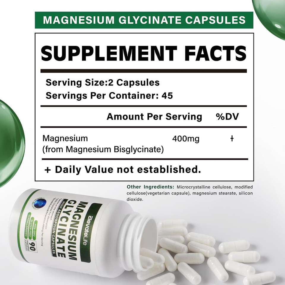 Magnesium Glycinate 400 Mg Per Serving 100% Chelated For High Absorption, Gentle On Stomach, Non-Gmo, 180 Vegetarian Capsules