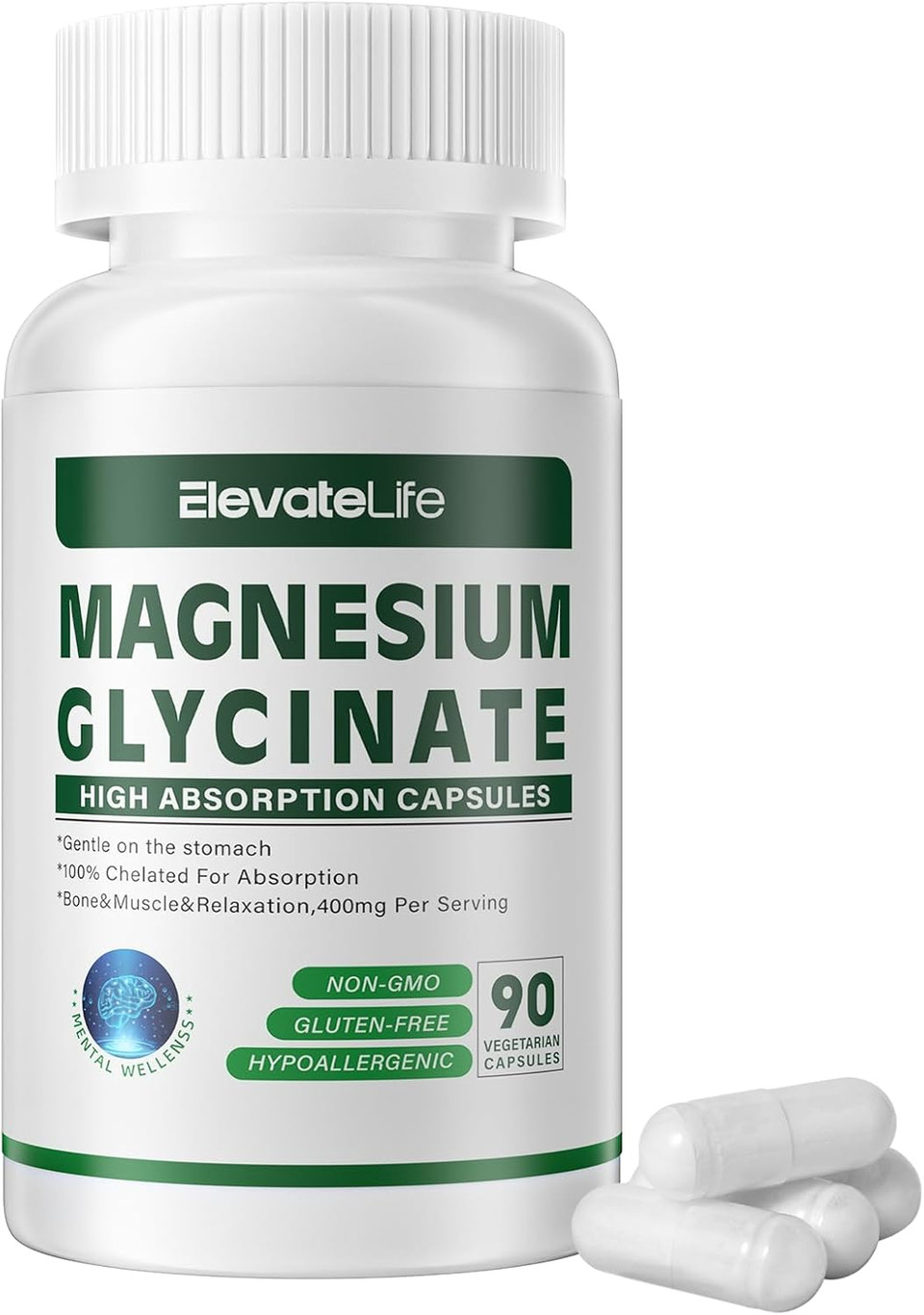 Magnesium Glycinate 400 Mg Per Serving 100% Chelated For High Absorption, Gentle On Stomach, Non-Gmo, 90 Vegetarian Capsules