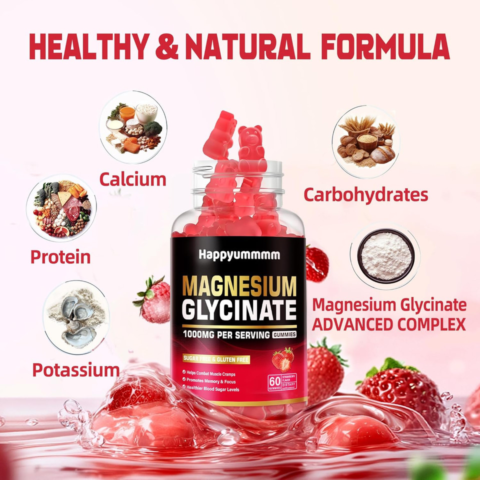 Magnesium Glycinate Gummies 1000Mg - Sugar Free Magnesium Potassium Supplement With Vitamin D, B6, Coq10 For Calm Mood & Sleep Support - 120 Strawberry Gummies