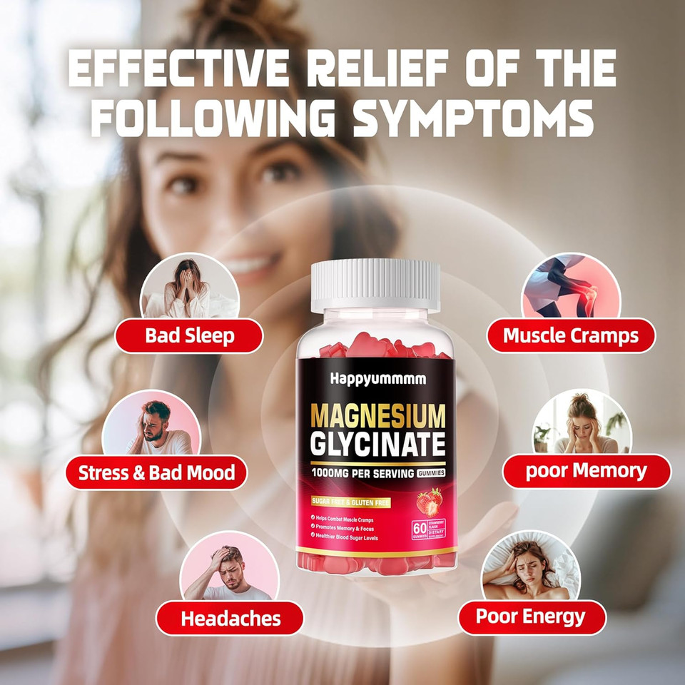 Magnesium Glycinate Gummies 1000Mg - Sugar Free Magnesium Potassium Supplement With Vitamin D, B6, Coq10 For Calm Mood & Sleep Support - 120 Strawberry Gummies