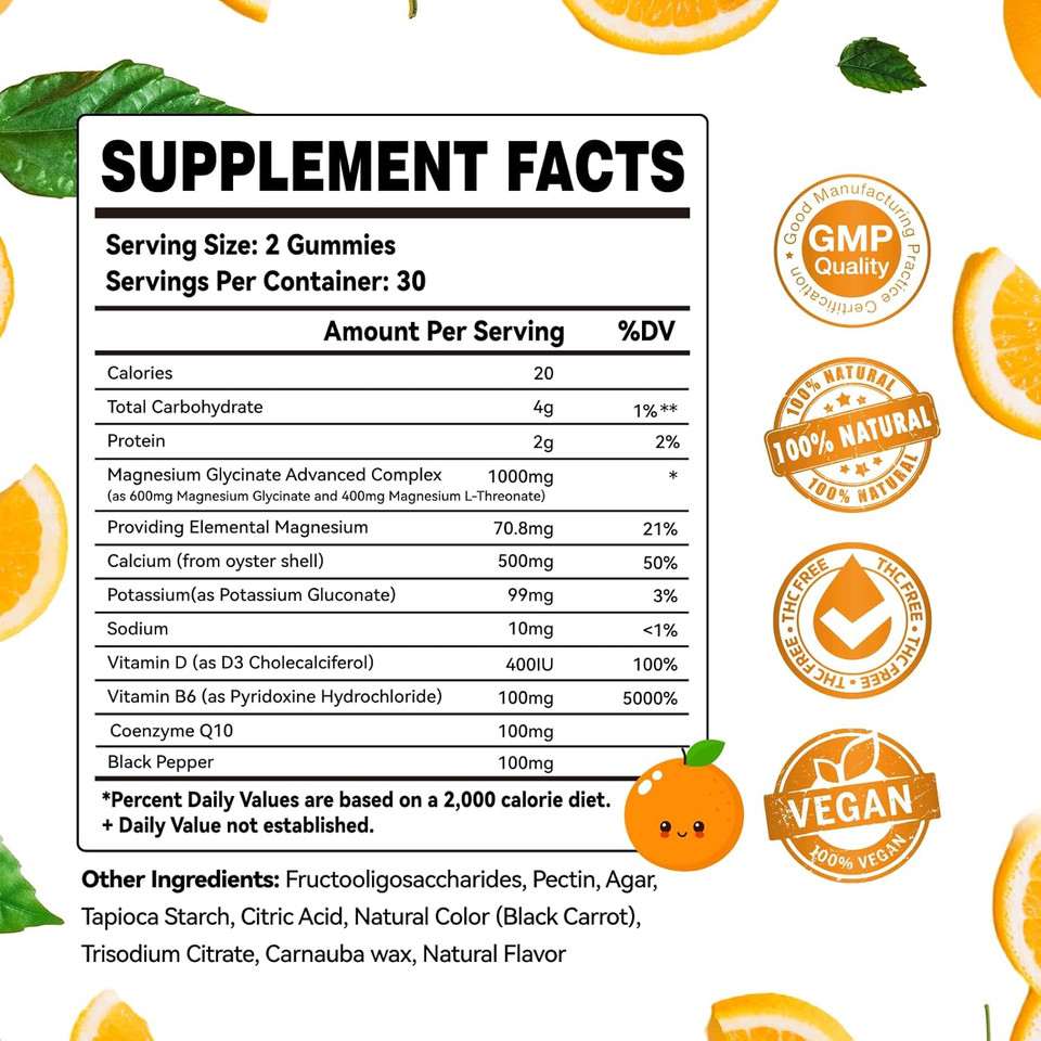 Magnesium Glycinate Gummies 1000Mg - Sugar Free Magnesium Potassium Supplement With Vitamin D, B6, Coq10 For Calm Mood & Sleep Support - 60 Orange Gummies