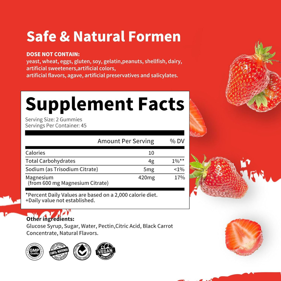 Magnesium Glycinate Gummies 1000Mg - Sugar Free Magnesium Potassium Supplement With Vitamin D, B6, Coq10 For Calm Mood & Sleep Support - 60 Strawberry Gummies