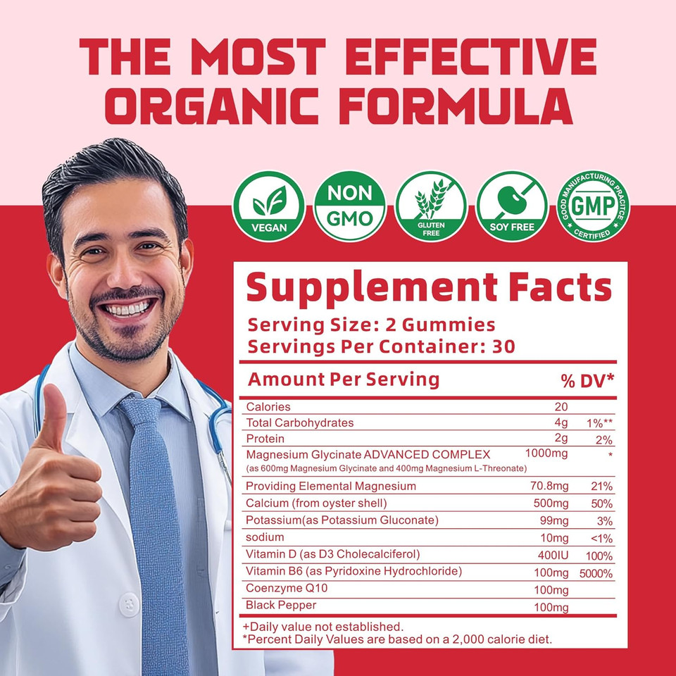 Magnesium Glycinate Gummies 1000Mg - Sugar Free Magnesium Potassium Supplement With Vitamin D, B6, Coq10 For Calm Mood & Sleep Support - 60 Strawberry Gummies