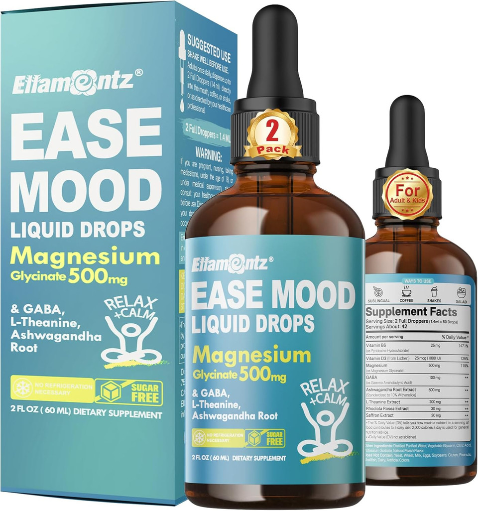 Magnesium Glycinate Liquid Drops For Kids, Adults With Gaba, Ashwagandha, L-Theanine, Vitamin D3, B6, Saffron For Brain Calm, Muscle Relaxation, Mood, Zzz- Calm Magnesium Supplement, Vegan, 2 Pack