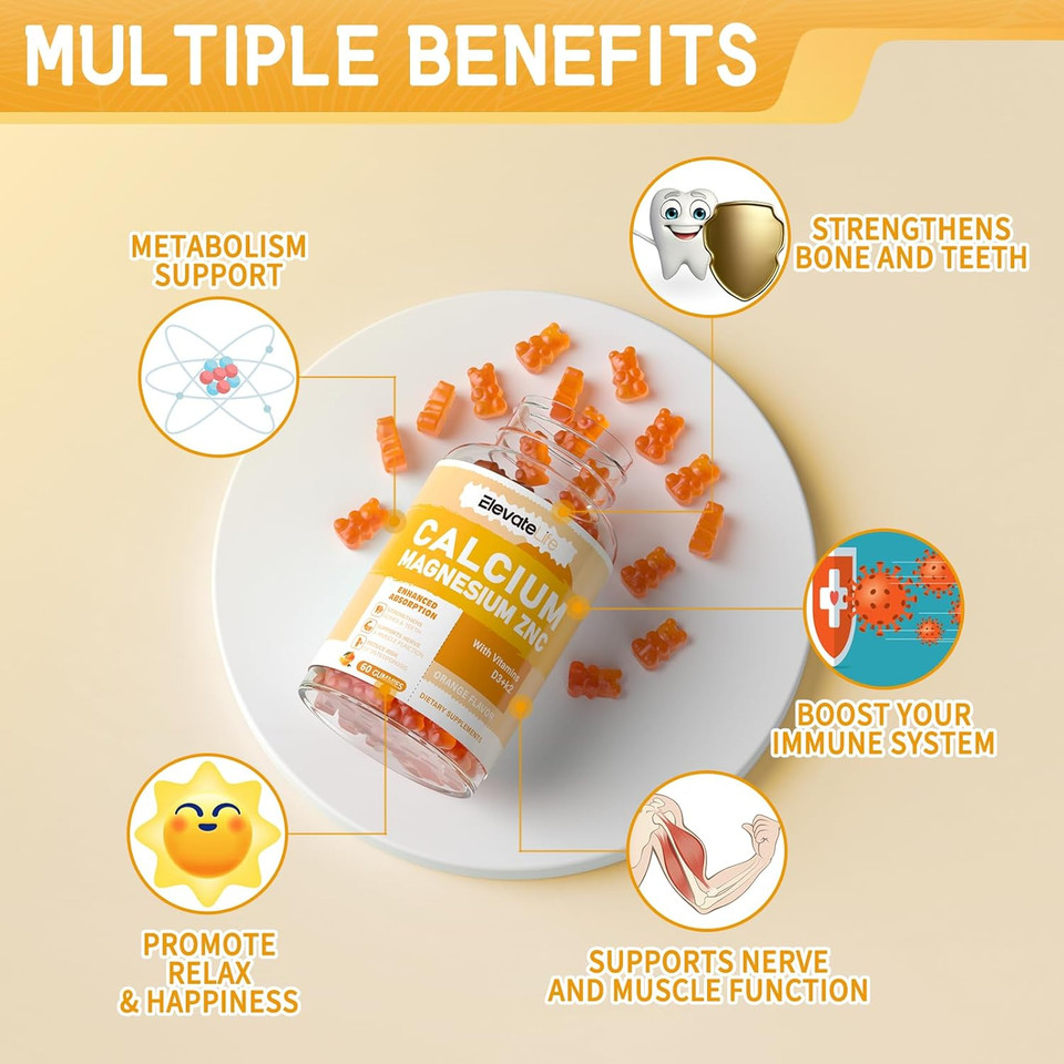 Calcium Magnesium Zinc Gummies With Vitamin D3 & K2 - High Potency Enhanced Absorption -60 Orange Gummies Flavored