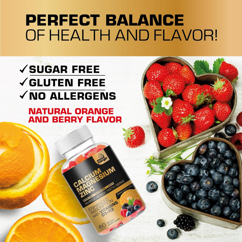 Calcium Magnesium Zinc Supplement Gummies For Kids Toddler & Adults - Enhanced Absorption With Vitamin D3 & K2 - Sugar Free Gluten Free Cal Mag Zinc Vegan Chewable Complex Calcium Gummies